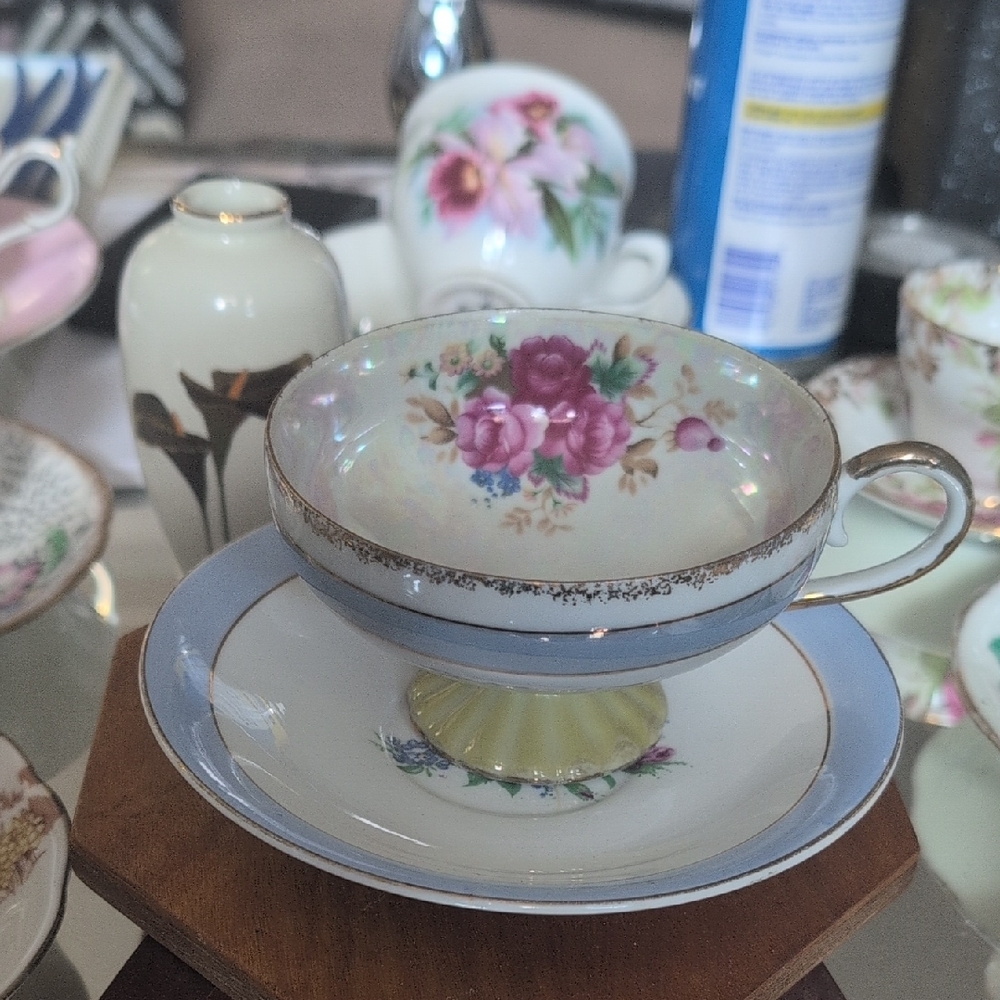 Floral Teacup and Saucer Set - Blue and Pink
